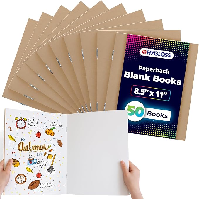 hygloss blank books - bulk 50 pack – 8.5" x 11" a4 kraft paperback blank books for kids to write stories, doodle, arts & crafts – plain drawing sketchbook, unlined journal, notebook without lines