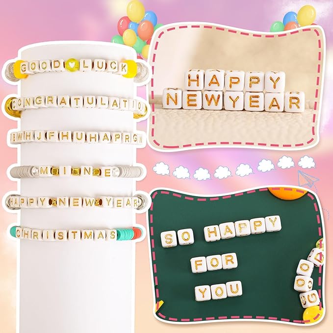 Augshy 1400pcs Square Acrylic Gold Alphabet Beads A-Z Cube Letters Beads for Bracelets Necklaces Phone Lanyard Making with 1 Roll Crystal String Cord for Jewelry Making(6 mm)