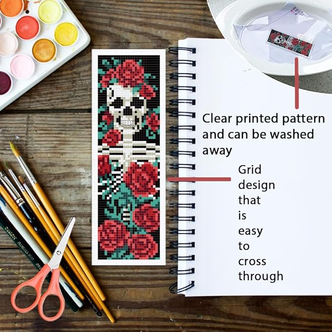 ORIGACH 6 Pcs Cross Stitch Bookmark Kit for Beginner Adults, Gothic Patterns Stamped Embroidery Bookmark Kit with Instruction for Starters for Book Lovers