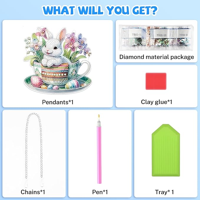 Bowetile Easter Hanging Diamond Art Kits for Adults Kids, 5D Special Shape Diamond Painting Rabbit Kits, Easter Diamond Gem Art Suncatchers Painting Pendant Home Decor, Gifts for Kids