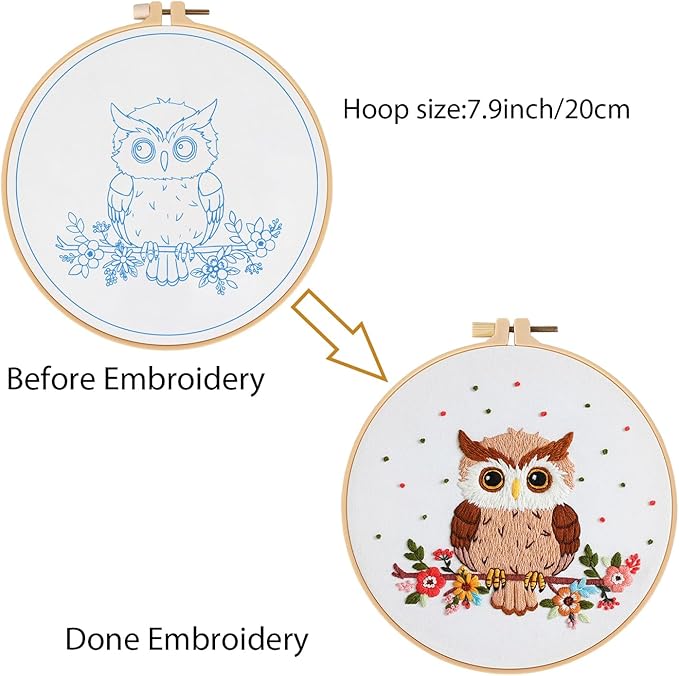 Louise Maelys Owl Embroidery Kits for Beginners with Floral Pattern,Adults Starter Cross Stitch Kit DIY Needlepoint