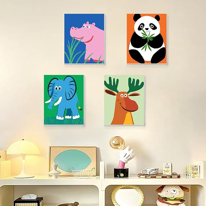KEYIFA 4 Pack Framed Paint by Numbers Kit for Kids Age 6-12, Easy Animal Paintings for Adult Beginner, Framed Acrylic Canvas Painting for Home Decor Children Gift, 8x10 in (Panda+Elephant+Moose+Hippo)