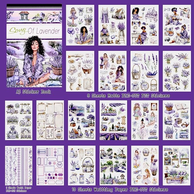 Song of Lavender Scrapbook Stickers for Women, 20 Sheets A5 Die-Cut Journaling Sticker Book for Adutls, Junk Journal Supplies, Planners, Bujo, Assorted PET Washi Paper Materials