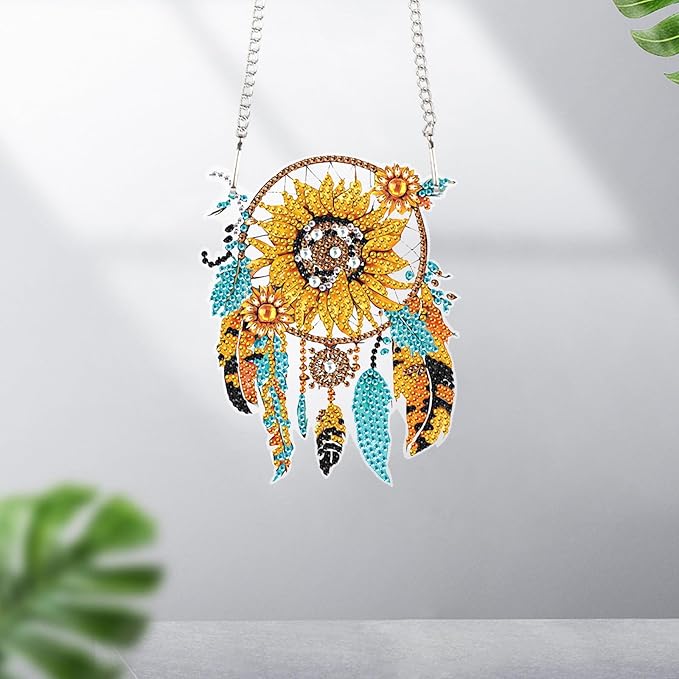 AiYuanzsh Sunflower Dream Catcher Diamond Painting Kit Ornament with Hanging Chain DIY Diamond Art Hanging Pendant Paint by Number Stained Glass Wall Art for Adults Home Wall Decor Gift