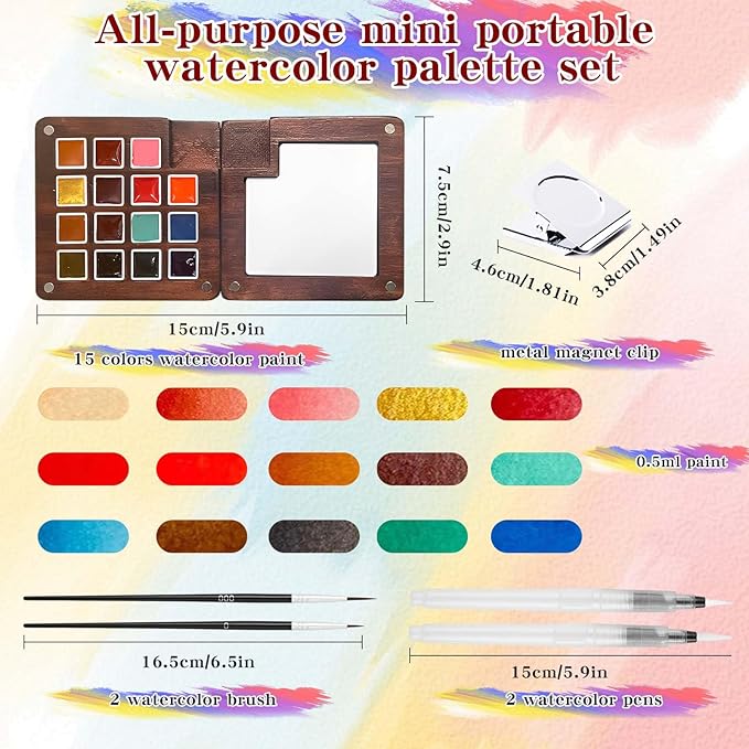 Mini Watercolor Paint Set - 15 Color Travel Watercolor Palette Set - Portable Water Color Paint Set with Binder Clips, Watercolor Brush Pens, Wooden Box for Beginners Painters Artists Student