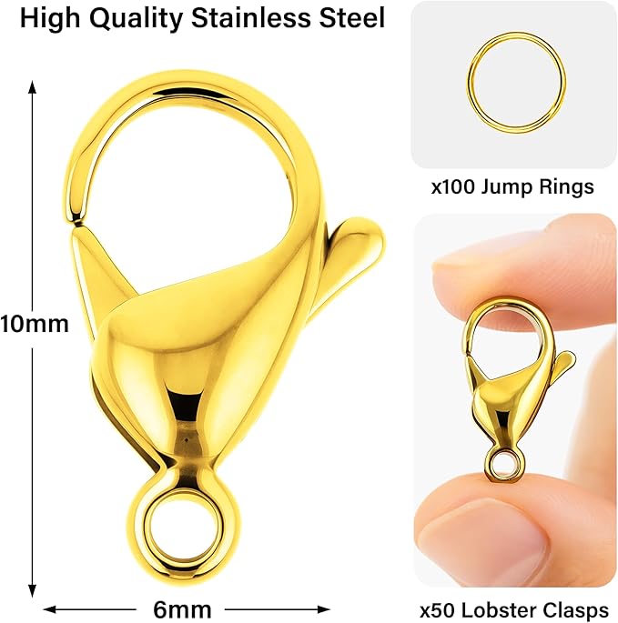 Mandala Crafts 10mm Gold Color Stainless Steel Lobster Clasps for Jewelry Making - 50 PCs SS Lobster Claw Clasps with Jump Rings Jewelry Findings Kit for Necklaces Bracelets Charms Fasteners