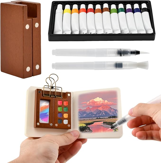Pocket Artist Watercolor Travel Set, Mini Watercolor Palette Collection(8 Grids), Portable Kit Paint, Brush, Sketchbook & Copper Clip for Artists, Outdoor Sketchers & Beginners