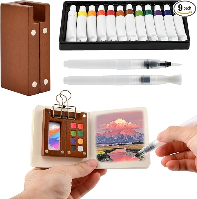 Mini Watercolor Paint Set – 9pcs Travel Kit: 8-Grid Walnut Palette, 12 Paints & Brushes – Ideal for Outdoor Sketching & On-the-Go Art – Perfect for Artists, Students & Enthusiasts
