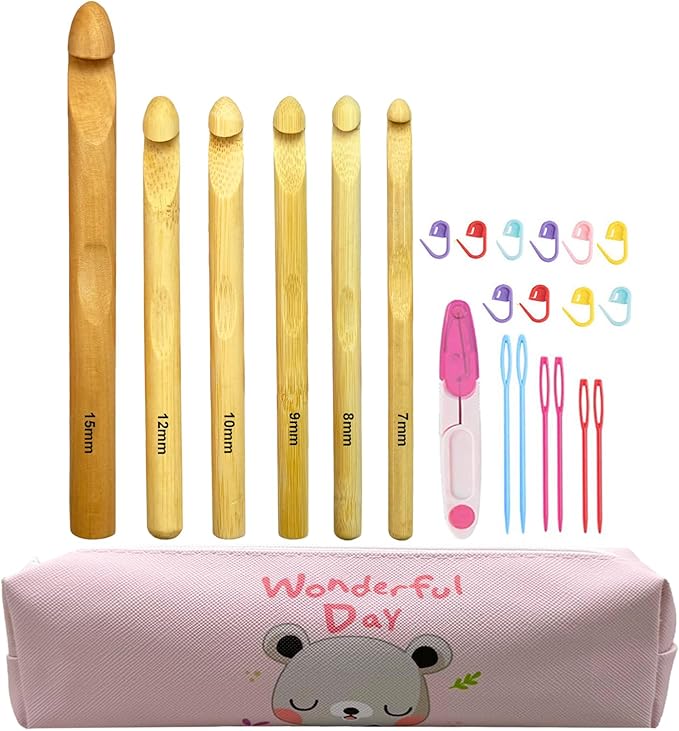 Mdoker 21pcs Huge Crochet Hook Set,Large Size 15mm 12mm 10mm 9mm 8mm 7mm Wooden Crochet Hooks with Case,Crocheting Hook Needles for Chunky Yarn,Size L M N P O Q(Wooden)