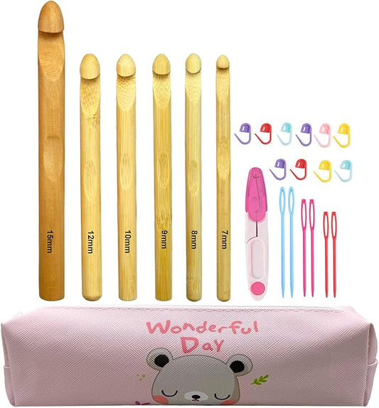 Mdoker 21pcs Huge Crochet Hook Set,Large Size 15mm 12mm 10mm 9mm 8mm 7mm Wooden Crochet Hooks with Case,Crocheting Hook Needles for Chunky Yarn,Size L M N P O Q(Wooden)