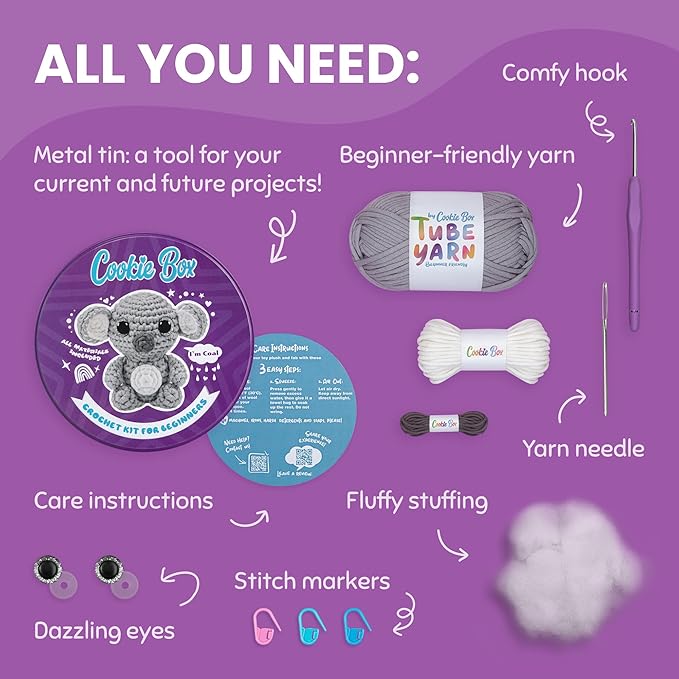 Cookie Box Original Crochet Kit for Beginners – Gift Set to Make Koala Coal Amigurumi Plushie – Easy DIY Crochet & Knitting Starter Kit with Video and PDF Tutorials