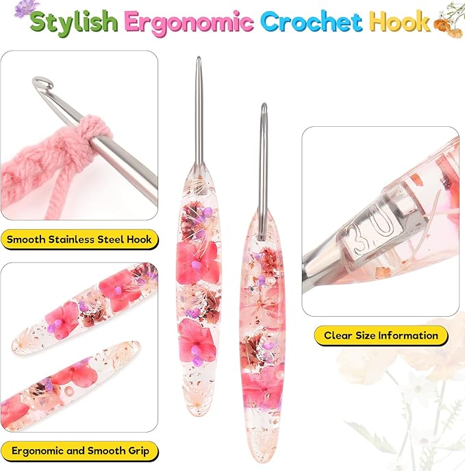 Katech 3.0mm Crochet Hook for Arthritic Hands, Hand-Polished Stainless Steel Ergonomic Crochet Hooks with Customized Sparkle Dried Floral Grip, Soft Tapered Hook-Crochet Gift for Beginner & Crocheter