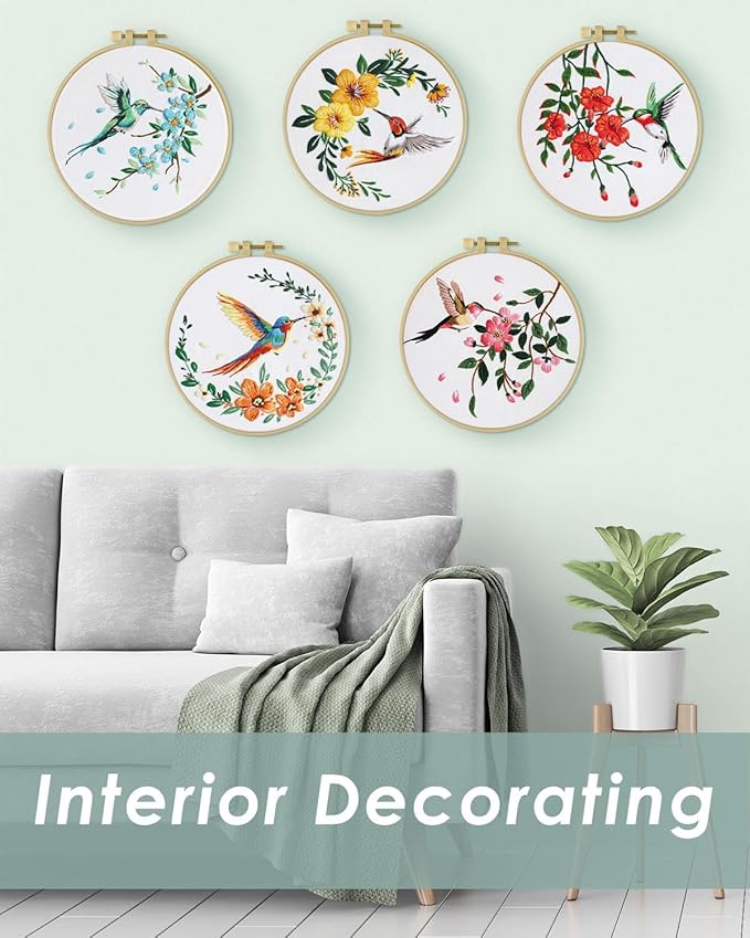 ERKOON 5 Sets Embroidery Kit for Beginners, Hummingbird and Flower Cross Stitch Set for Include Embroidery Cloth Hoops Threads for Craft Lover Hand Stitch with Embroidery Skill Techniques