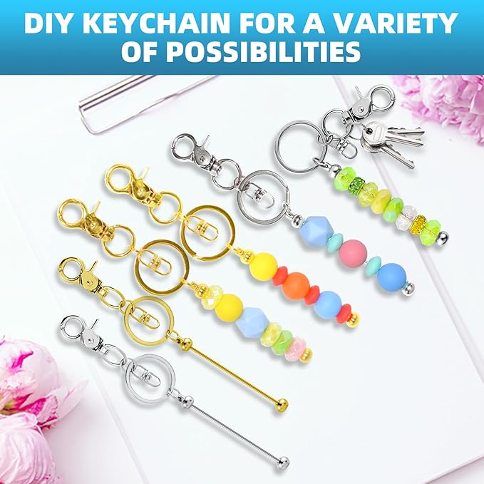 40 Pcs Beadable Keychains Bulk Kit – DIY Keychain Making Supplies with Metal Blanks for Crafts, Jewelry, Charms, Custom Projects – Blank Chain Bars for Beaded Keychain Design (Gold + Silver)