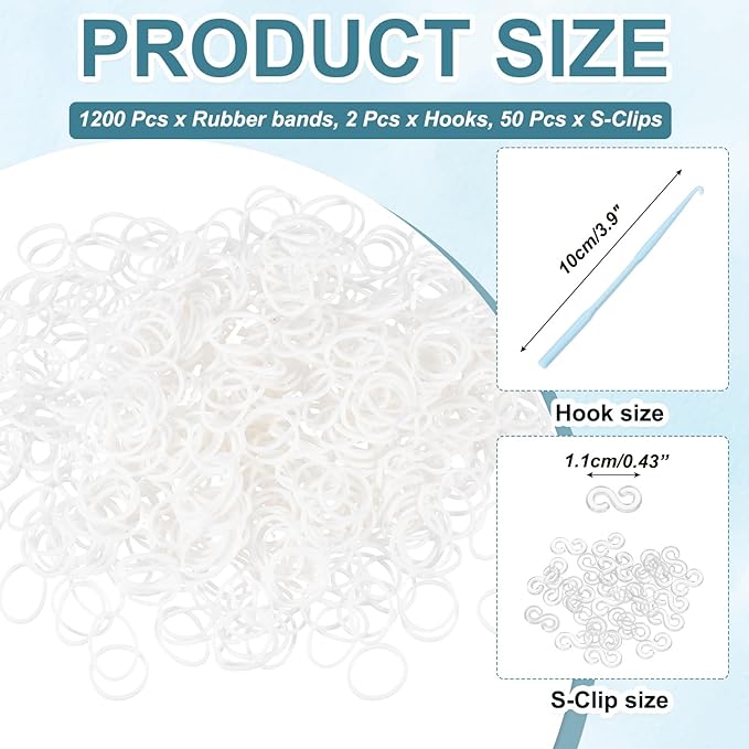 MECCANIXITY 1200 Pcs Loom Rubber Bands Kit with 50 Pcs S-Clips 2-Hooks Rubber Bands Refill Bracelet Making Kits for Weaving DIY Handcrafts Gift, White