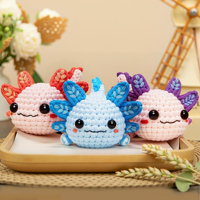 Mewaii Beginner Crochet Kit with 40% Extra Yarn, Pre-Started Yarn & Video Tutorials - 3 Axolotl Craft Set for Adults & Kids