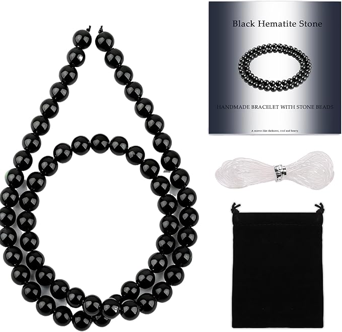 Stone Beads, 60pcs Black Hematite, 6mm Round Loose Beads for Jewelry Making, Bracelets, with Bag, String & Card
