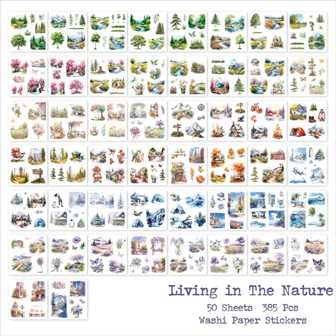 Seasonal Nature Landscape Stickers for Junk Journal Supplies, 50 Sheets Pre-Cut Washi Scrapbook Sticker Book for Journaling, Scrapbooking, Bujo, Planners, Card Making, Collage, Art Crafts