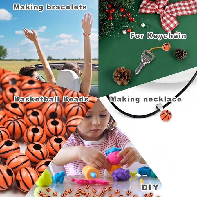 ZGQHZR 150Pcs Acrylic Basketball Beads for Bracelets Ball Beads with 2 Elastic Crystal Line Cord,2 Scissors for Jewelry Making Necklace Bracelet Earrings,Hair Braids and Key Chains (Basketball)