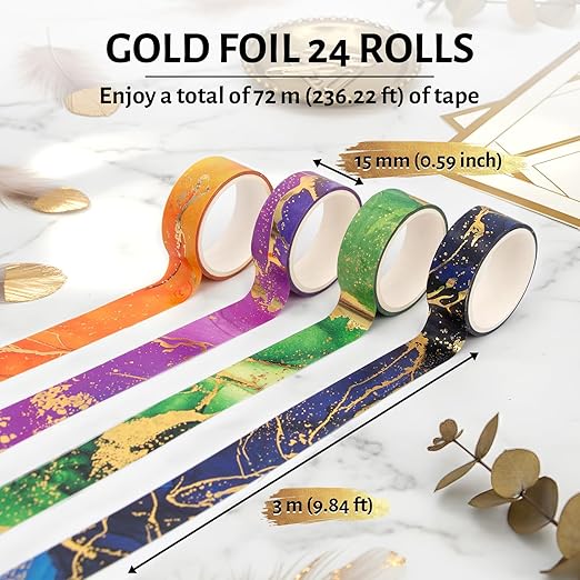 Gold Washi Tape Set - 24 Rolls Metallic Foil Marbling Washi Tape, Decorative Washi Tapes for Junk Journal Supplies, Bullet Journal Supplies, DIY Crafts, Scrapbooking, School Supplies