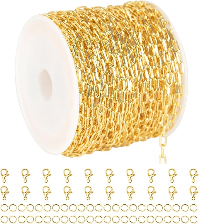 KYUNHOO 32.8 Feet Small Paperclip Chain Spool Light Gold Plated Chain Bulk Soldered Cable Link Craft Chain for Necklace Bracelet Ankle Jewelry Making with Jewelry Clasps