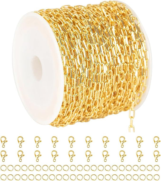 KYUNHOO 32.8 Feet Small Paperclip Chain Spool Light Gold Plated Chain Bulk Soldered Cable Link Craft Chain for Necklace Bracelet Ankle Jewelry Making with Jewelry Clasps