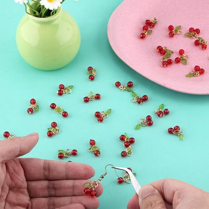 30pcs Red Cherry Charms, Cute Glass Red Fruit Pendants with Loop DIY Jewelry Making Accessories for Bracelet Necklace Earrings