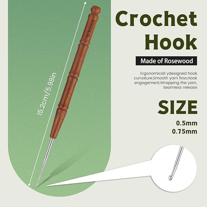 Wuadua 0.5/0.75mm Crochet Hook, 2Pcs Ergonomic Crochet Hook with Wooden Handle, Crochet Needle for Arthritic, Ideal for Lace Thread, Perfect for Miniature Delicate Items