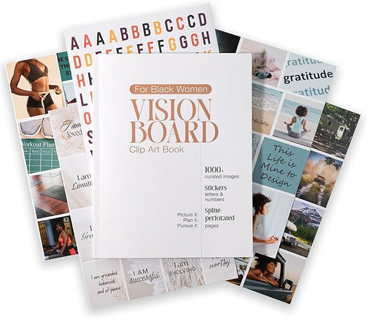 Vision Board Book for Black Women | 1000+ Vision Board Supplies, Pictures, Quotes & Letter/Number Stickers | Magazine-Style Clip Art Collage Book for Goal Setting & Manifestation