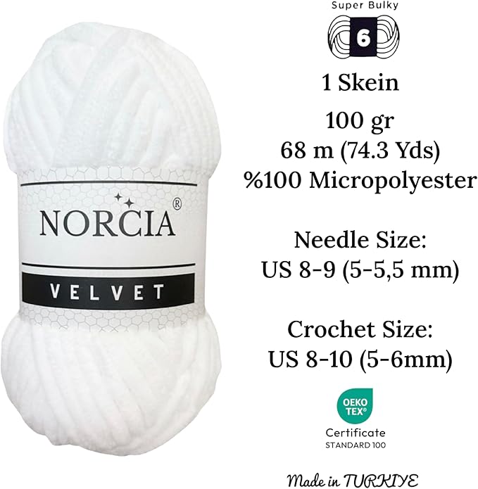 Soft Velvet Yarn Chenille Yarn for Crocheting Super Bulky (100g-3.50oz) (68m-74.3 yds) Baby Blanket Yarn for Knitting Amigurumi Yarn for Crochet Weaving Craft (White, 1 Skein)