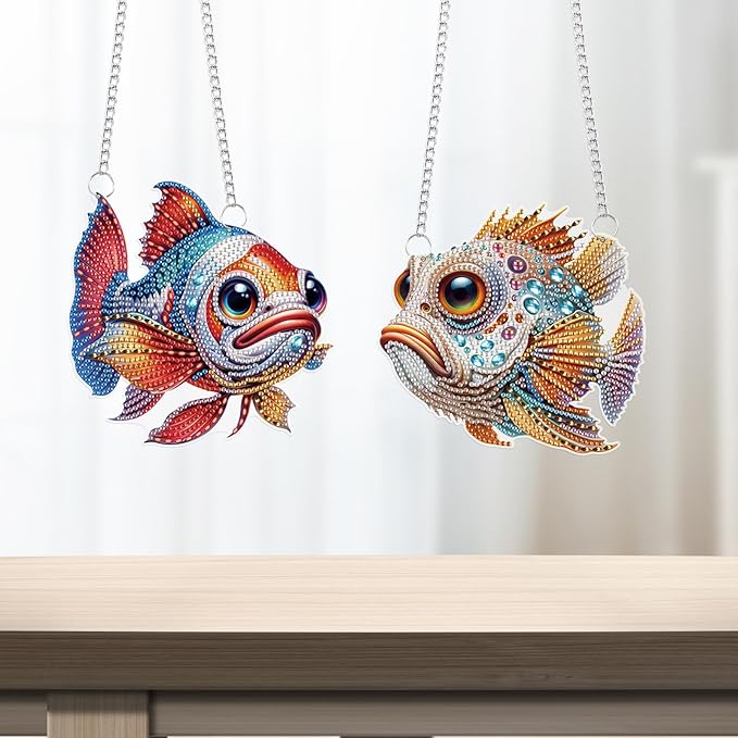 LazyFold 2PCS Diamond Art Hanging Pendant Kits for Adults, Colorful Fish DIY 5D Special Shape Diamond Art Painting Pendant Kits,Gem Art Suncatchers Painting Ornament for Home Garden Wall Decor Gift