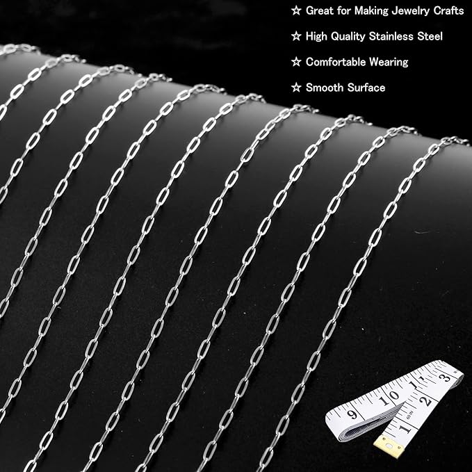 16Ft Stainless Steel Paperclip Chain for Jewelry Making, 2.5mm Width Silver Paper Clip Link Chains Roll for DIY Necklace Bracelet Craft Jewelry Making Supplies with Lobster Clasps Soft Tape Measure