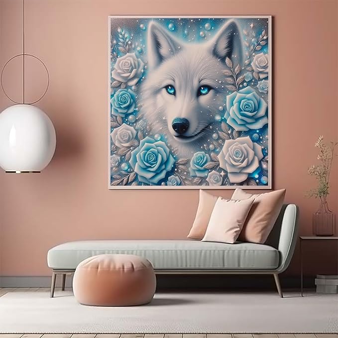 CZYWJMEI Wolf 5D Diamond Painting Kits for Adults Beginners,DIY Blue Rose Flower Diamond Art Kits,Full Round Drill Diamond Dot Gem Art Kits,Home Wall Decor 13.7 x13.7nch