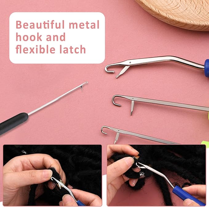 Loc Crochet Needle, 48 Pcs Dreadlock Crochet Hook Tool, 6 Dreadlock Crochet Needle for Hair, Different Size Bent Latch Hook, Crochet Hooks for Hair Braiding with Case and Dreadlocks Tool (Green Bag)
