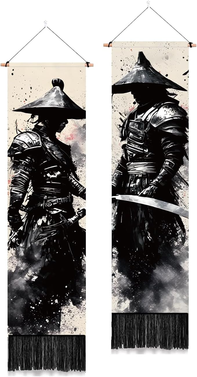 PLIGREAT 2 Pack Ink Style Tapestry Japanese Samurai Vertical Wall Hanging with Tassels Black Aesthetic Wall Tapestry for Bedroom Living Room Dormitory Backdrop Home Art Decor, 52"x13"