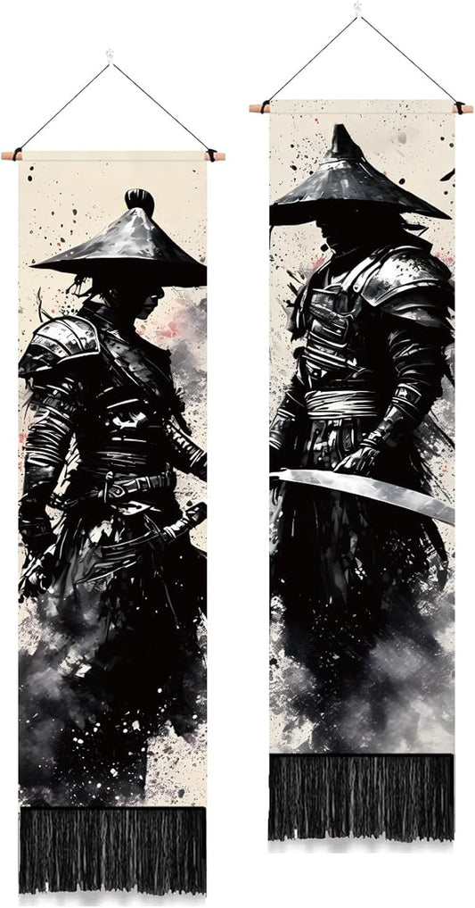 PLIGREAT 2 Pack Ink Style Tapestry Japanese Samurai Vertical Wall Hanging with Tassels Black Aesthetic Wall Tapestry for Bedroom Living Room Dormitory Backdrop Home Art Decor, 52"x13"