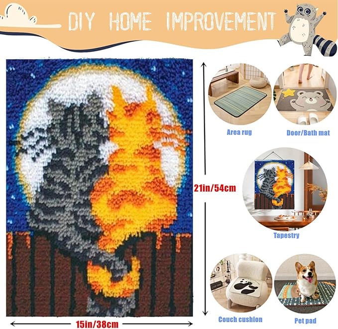 EMISTEM Latch Hook Kits for Adults - DIY Latch Hook Rug Kits, Crochet Kit for Beginners, Rug Making Kits with Printed Canvas, Gift Packaging. (Two Cats,16x21)