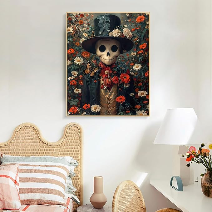 Halloween Paint by Numbers Kit for Adults - Skull Acrylic Adult Paint by Number Kits on Canvas for Beginner, Flowers Skeleton DIY Oil Painting by Numbers for Adults Kit for Home Decor Gift 16"x20"