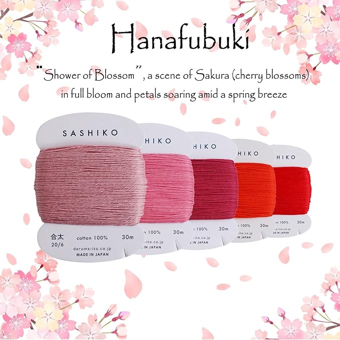 DARUMA Sashiko Thread 100% Cotton Card Type (32.8 yd) x 5 Colors with English Manual, Sewing & Embroidery Value Set with Gift Package(Thick, Hanafubuki)