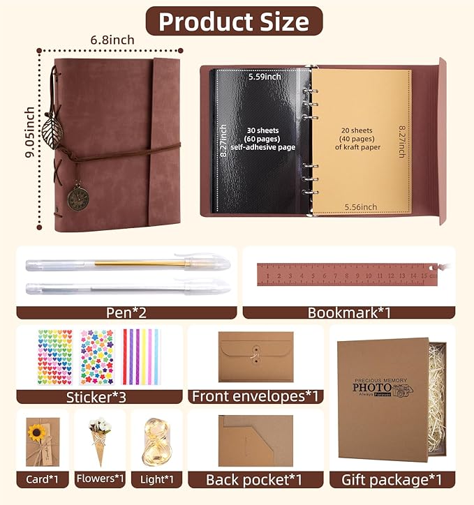 Scrapbook Photo Album 100 Pages, 60 Page Self Adhesive+40 Page Kraft Paper DIY Photo Book for 2x3 3x5 4x6 5x7 Pictures, Leather Memory Book for Wedding Baby Family Travel Birthday Christmas