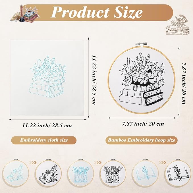 Unittype 4 Set Embroidery Kit for Beginners Adults Book Lovers Funny Cross Stitch Embroidery Kit with Bamboo Hoops Needles Threads Instructions Needle Threader(Stylish)