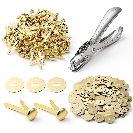 100 PCS Mini Brad Fasteners, and 300 Pieces Washers with Hole Punch, Round Paper Fasteners for Crafts Mini Brass Brads Metal Brad Split Pins Pastel for Paper Crafts DIY Scrapbooking Supplies (Gold)
