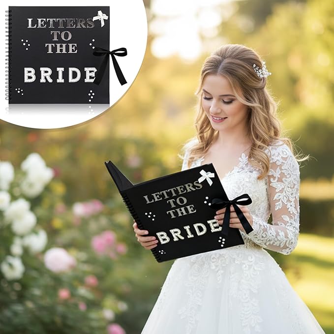 12 x 12 Inch Letters to The Bride Scrapbook Wedding Scrap Book Letters To The Bride Book Bridal DIY Blank Paper Scrapbook Photo Album with Pearl Stickers, Metallic Letters, Bows(Black)