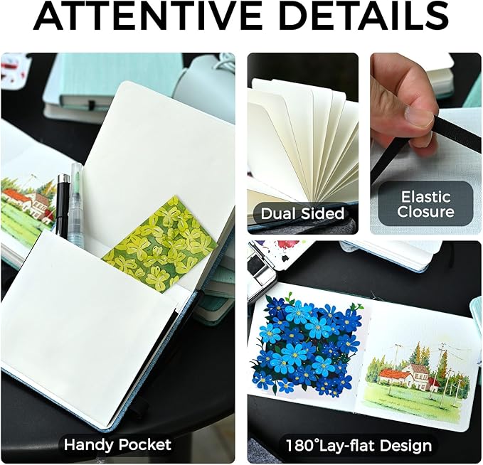 Funto Watercolor Journal 2 Pack, 4.7”x4.7” 48 Sheets Total, 100% Cotton Cold Press Paper 300gsm/140lb, Acid-Free Sketchbook Set for Practice & Class (Deep Green)