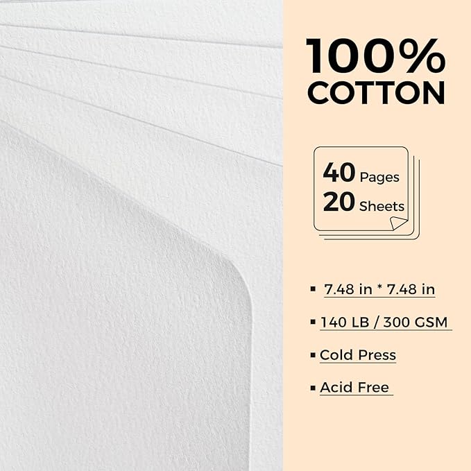 Watercolor Journal - 100% Cotton Cold Press Paper | 20 Sheets 40 Pages | 300GSM (140lb) | PU Leather Cover Watercolor Sketch Books for Artists Painting,Mixed Media7.5 in x 4.7 in