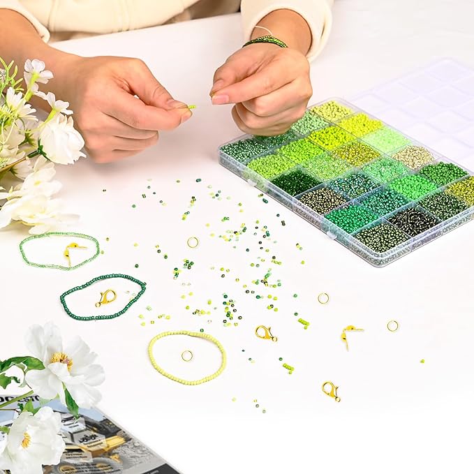 Vtssvow 2mm Glass Seed Beads for Bracelets Making, 24 Colors 22000pcs Friendship Bracelet Making Kit, Small Glass Beads for Jewelry Making (Mix 24 Color, Green)