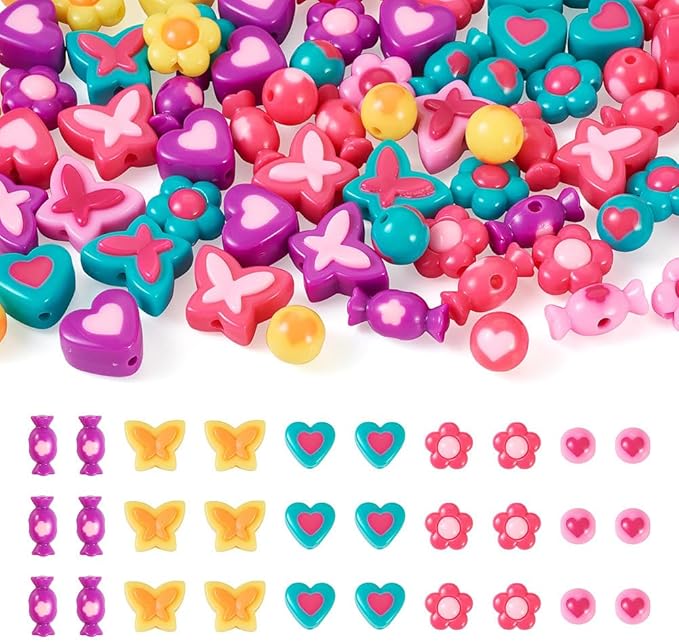 FASHEWELRY 75Pcs Acrylic Heart Flower Butterfly Beads Assorted Pastel Pony Beads Candy Colors Spacer Loose Beads for Jewelry Making Key Chains Bracelet Necklace