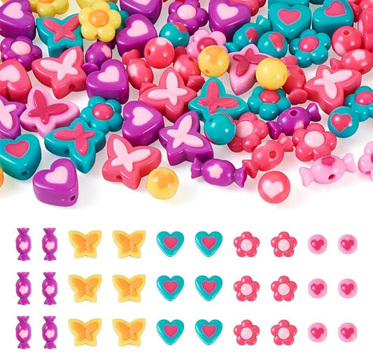 FASHEWELRY 75Pcs Acrylic Heart Flower Butterfly Beads Assorted Pastel Pony Beads Candy Colors Spacer Loose Beads for Jewelry Making Key Chains Bracelet Necklace