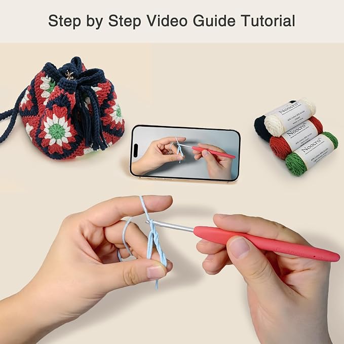 Noocro Crochet Kit Granny Square Shumai Bag, Purse, Complete DIY Kit, Detailed Instructions, Video Tutorials, for Beginners or Intermediate and Advanced Crocheters (Roma Rose)