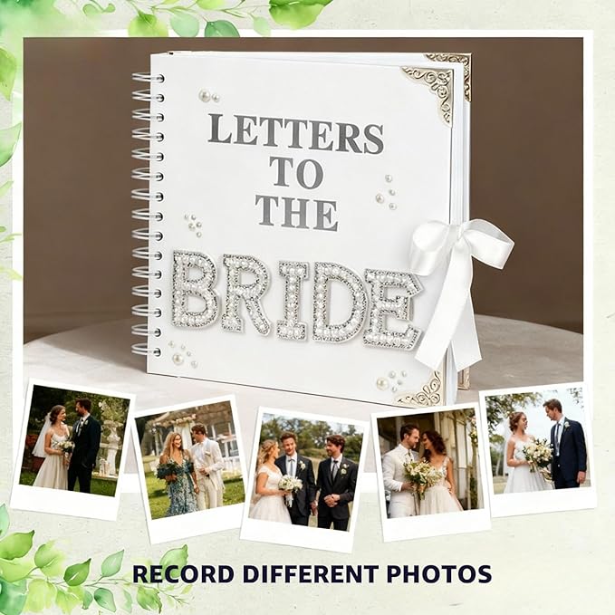 HOETEK 8 x 8 Inch Letters to The Bride Scrapbook, Wedding Memory Book, Bridal DIY Blank Paper Scrapbook, Photo Album Guest Book Sign with Pearl&Flower Stickers, Metallic Letters, Gems Bows